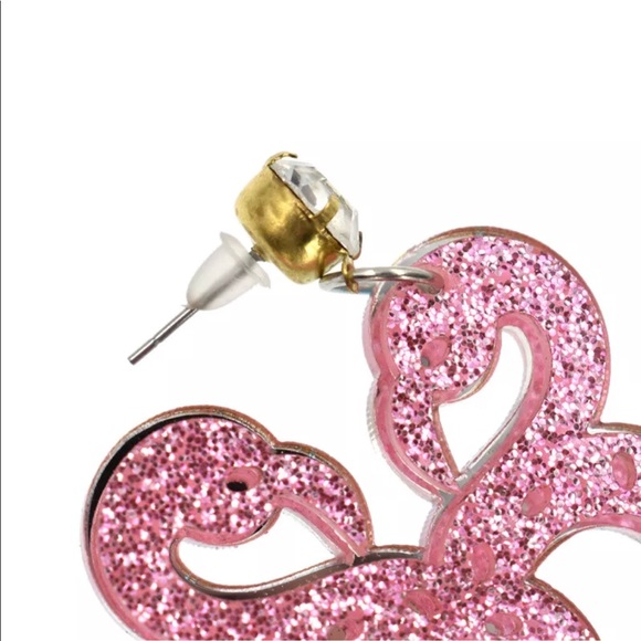 Pink flamingo mirror glitter heart earrings huge reflective silver oversized big - Picture 3 of 5